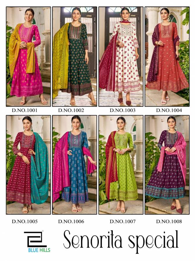 Senorita Special  By Blue Hills Rayon Printed Anarkali Long Kurti With Dupatta Wholesale Online